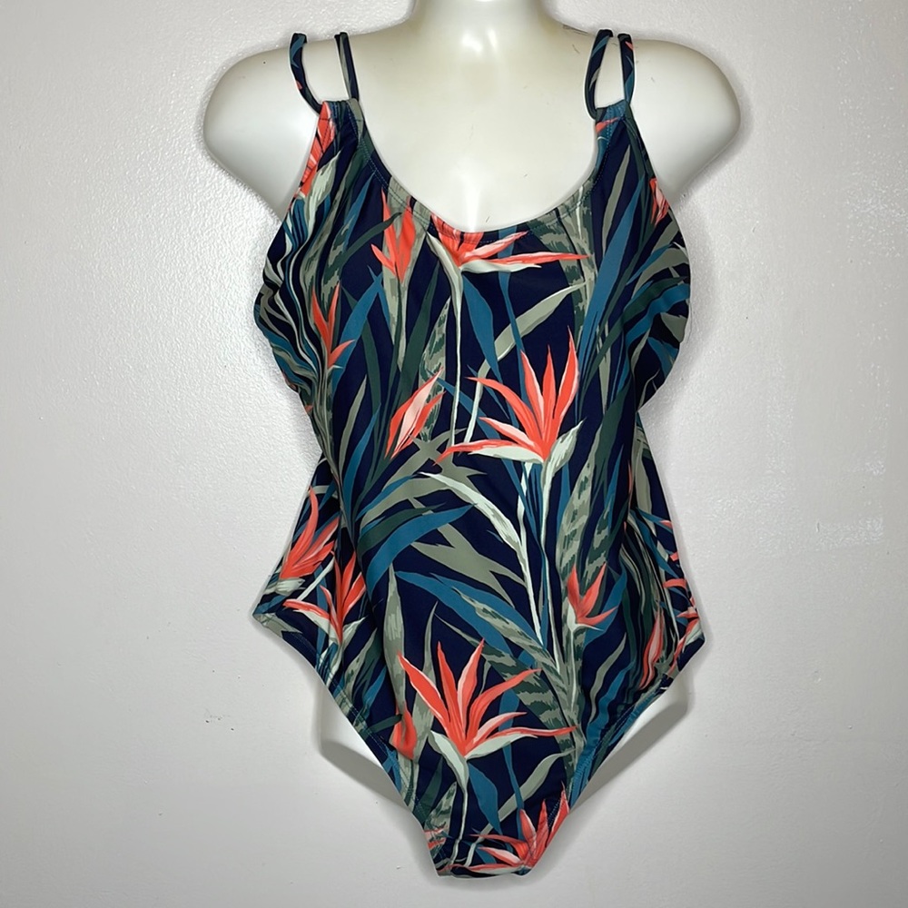 KONA SOL Swimsuit One Piece Orange & Blue Tropical Leaf Modest High Thigh Large